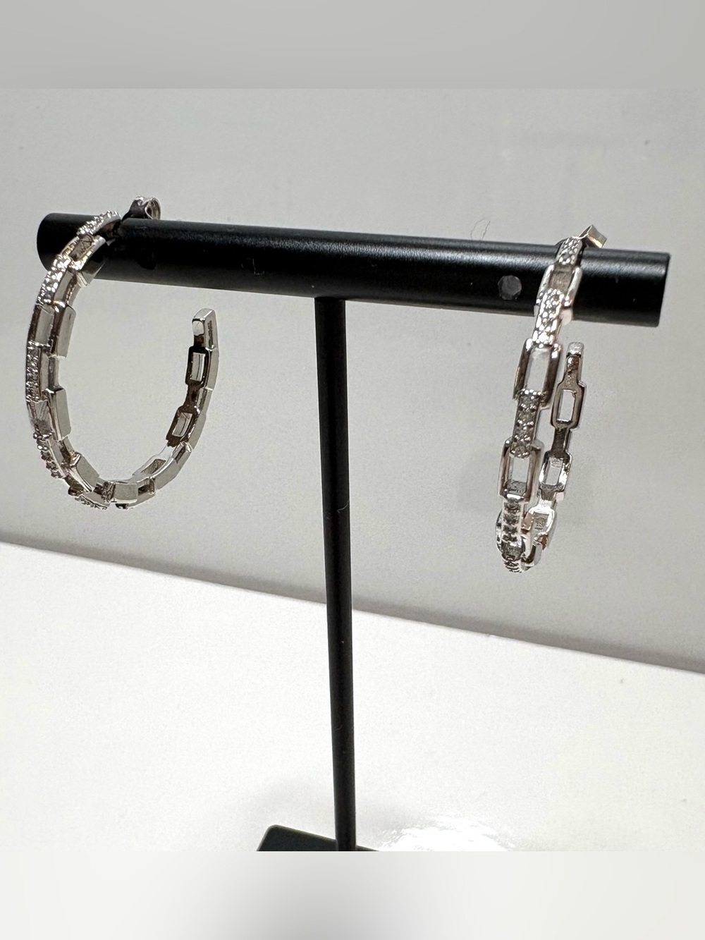 White Gold in Silver Tone Link Hoop Earrings with Crystal Accents